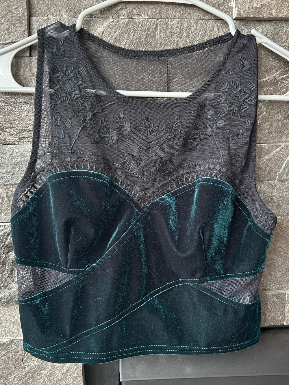 Urban Outfitters Sleeveless Emerald Green Velvet & Black Mesh Crop Top